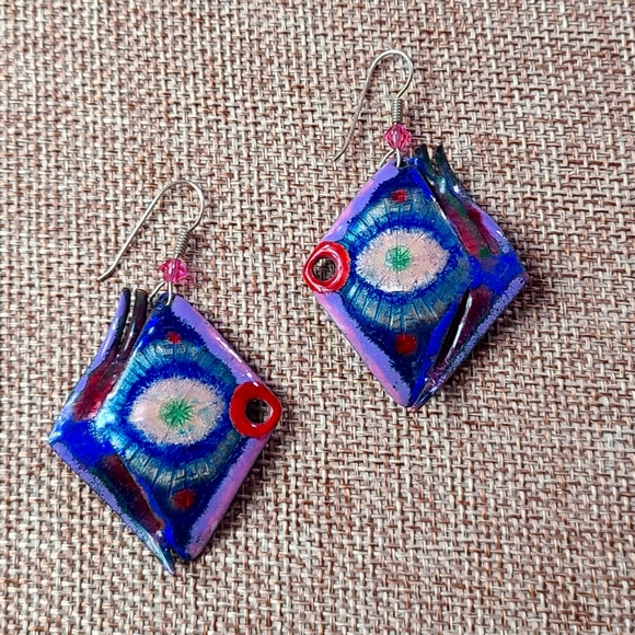 Colorful  purple blue red fish like art painter Earrings - Picture 1 of 12